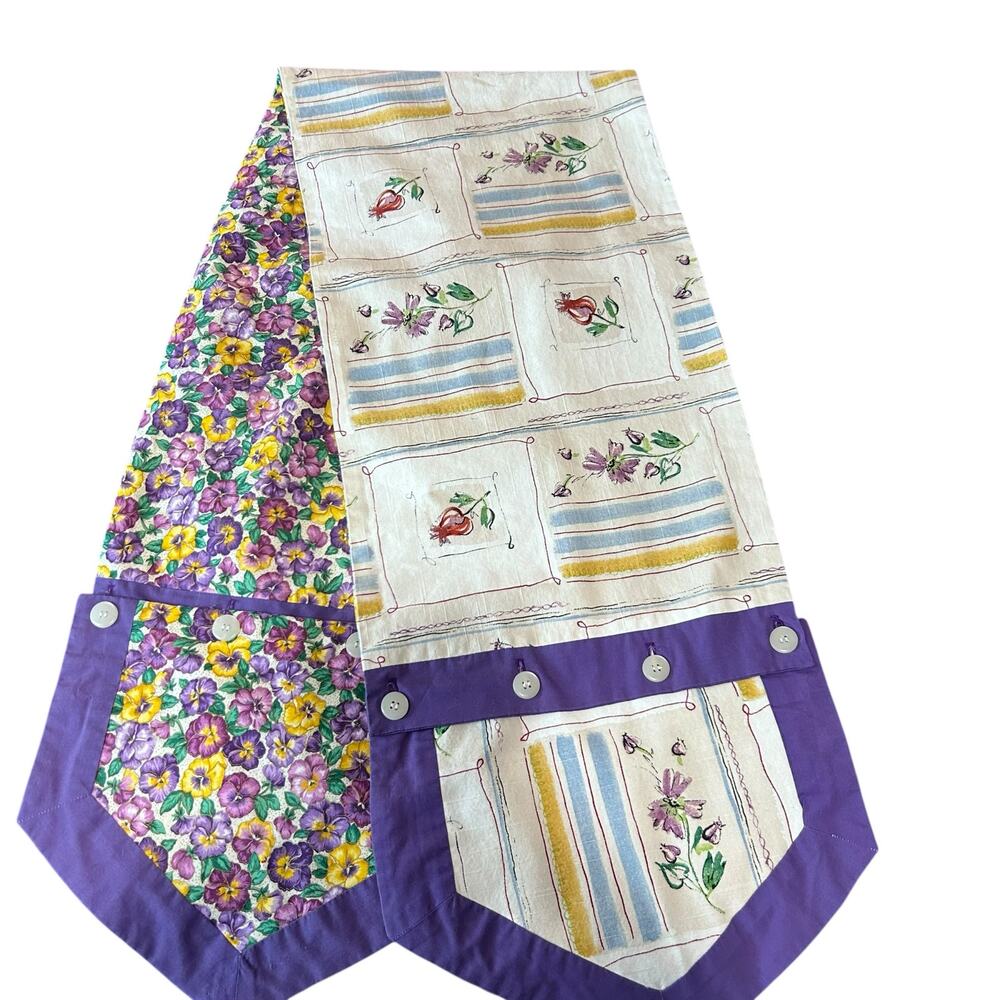 Floral Table Runner Purple Violets Reversable Long 80" x 13" Buttons Y2K Retro